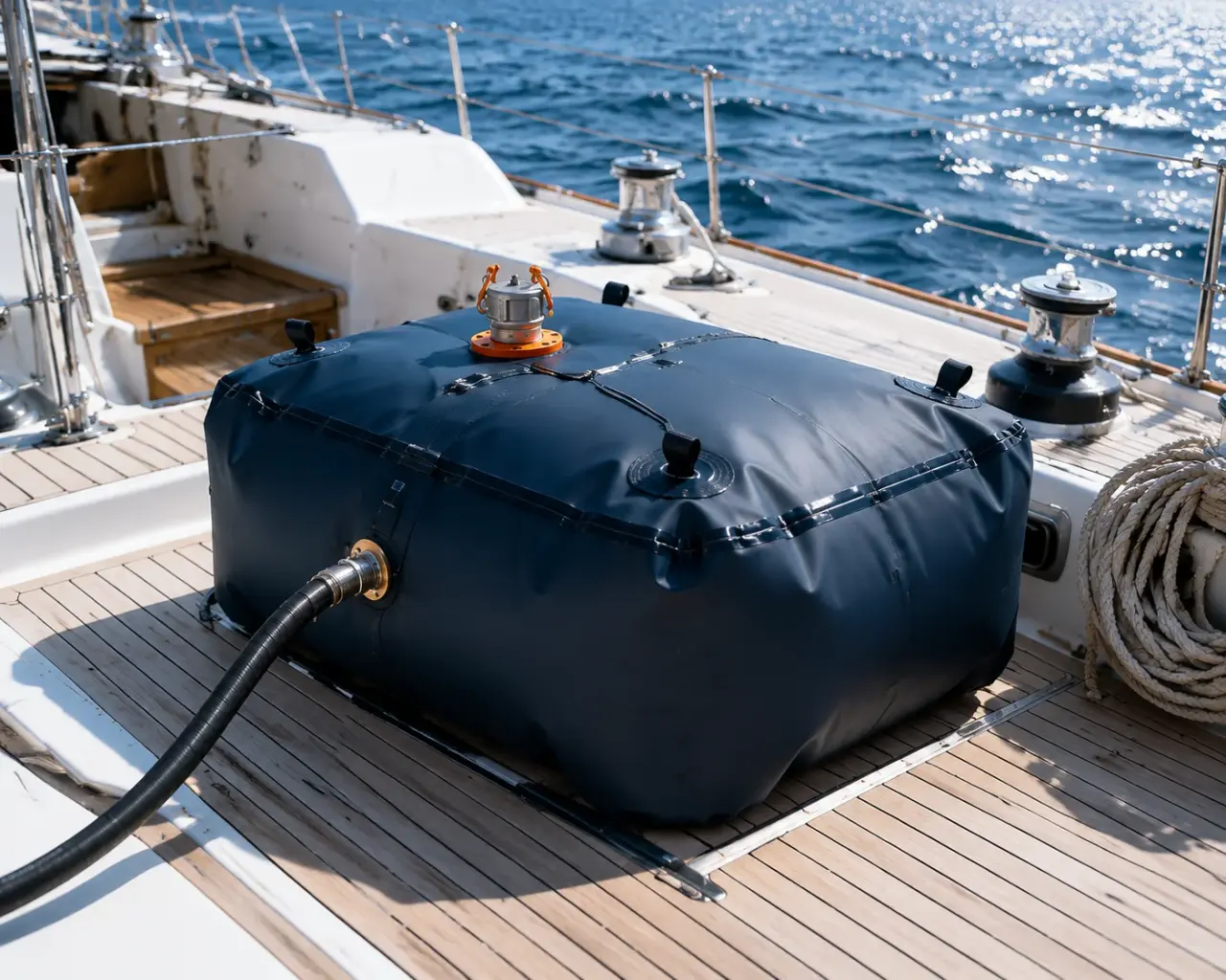 Flexible fuel bladder deployed on yacht deck for marine refueling operations