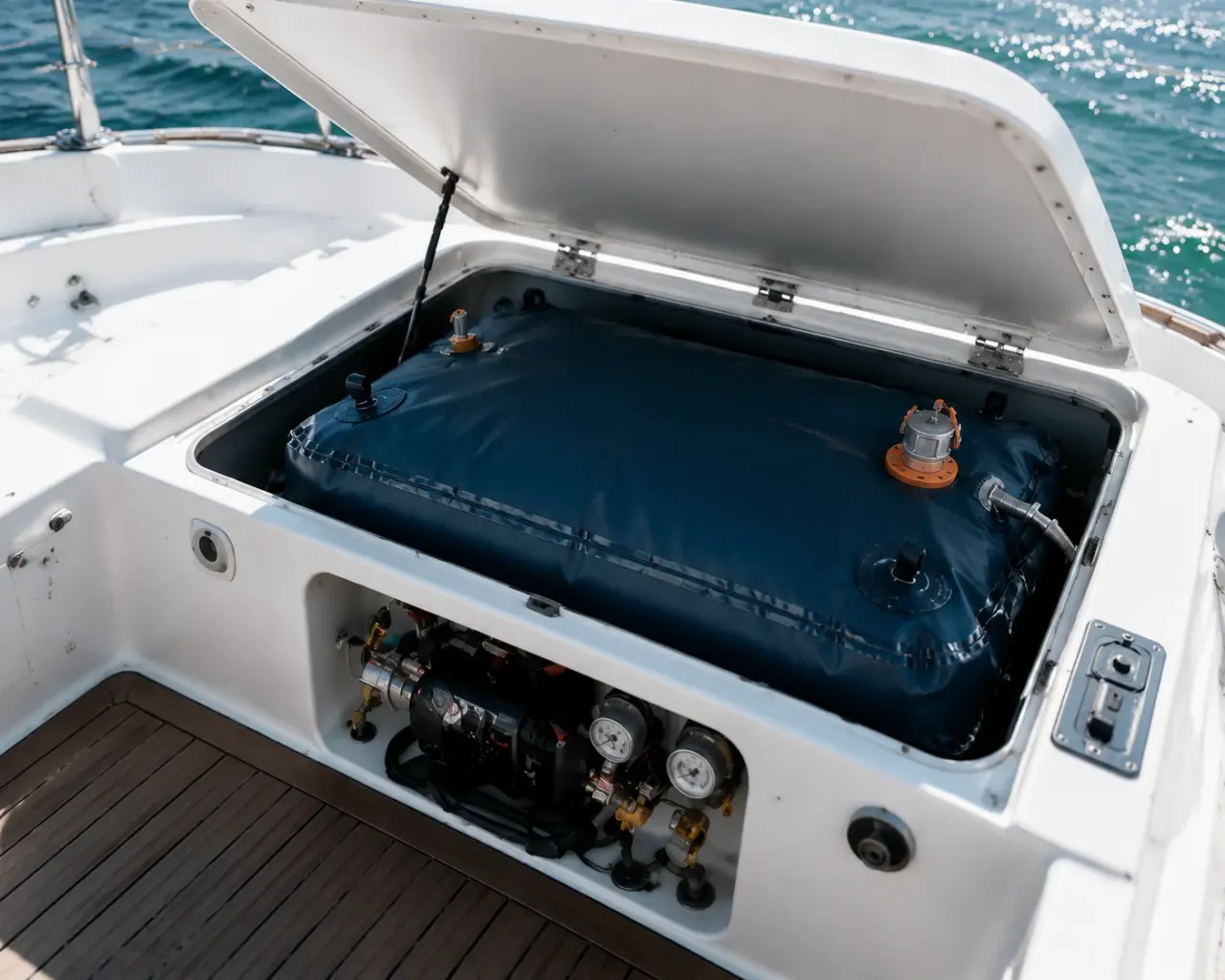 TPU flexible fuel bladder installed in engine compartment for marine fuel storage