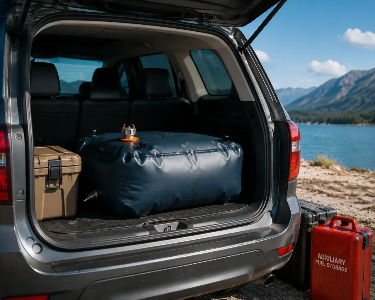Flexible fuel bladder transported in SUV for remote site fuel deployment