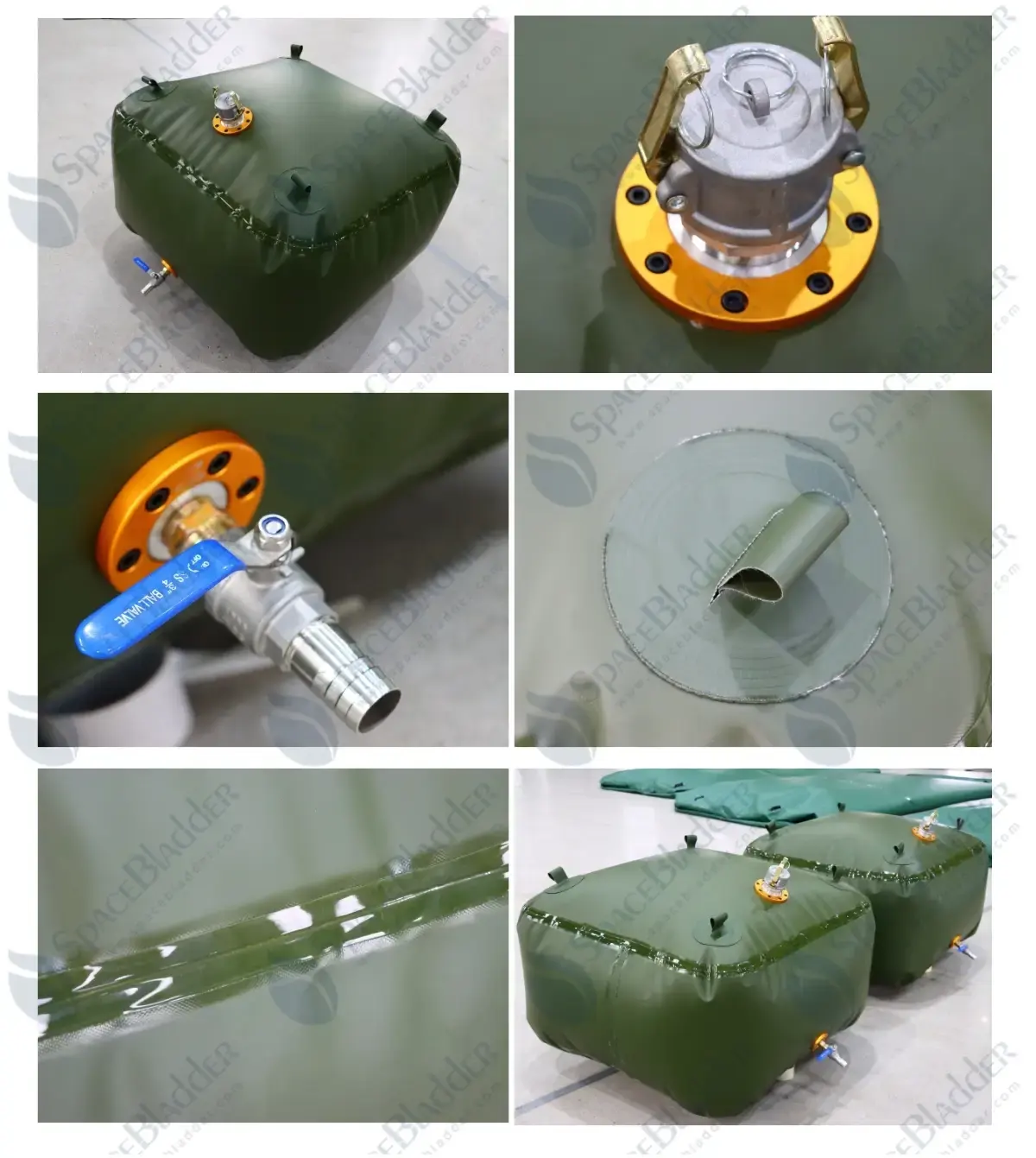 TPU fuel bladder tank detail - reinforced welding seam and inlet valve connector closeup